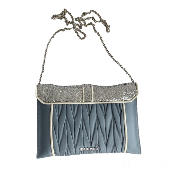 Miu Miu Light Blue & Silver Leather Crossbody Bag Matelasse Clutch Madras Chain - Picture 6 of 8